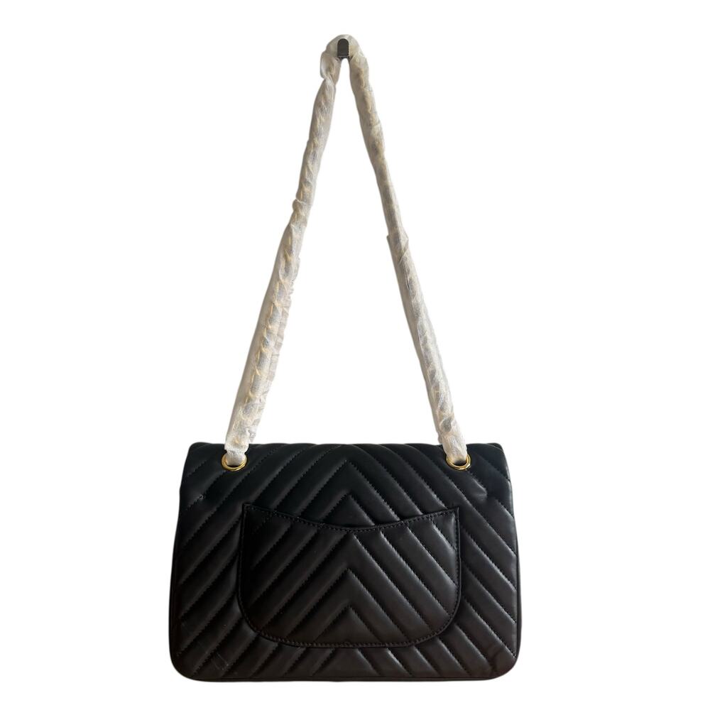 Inspired Vegan Leather Black Chevron Bag With Flap New - Picture 2 of 7